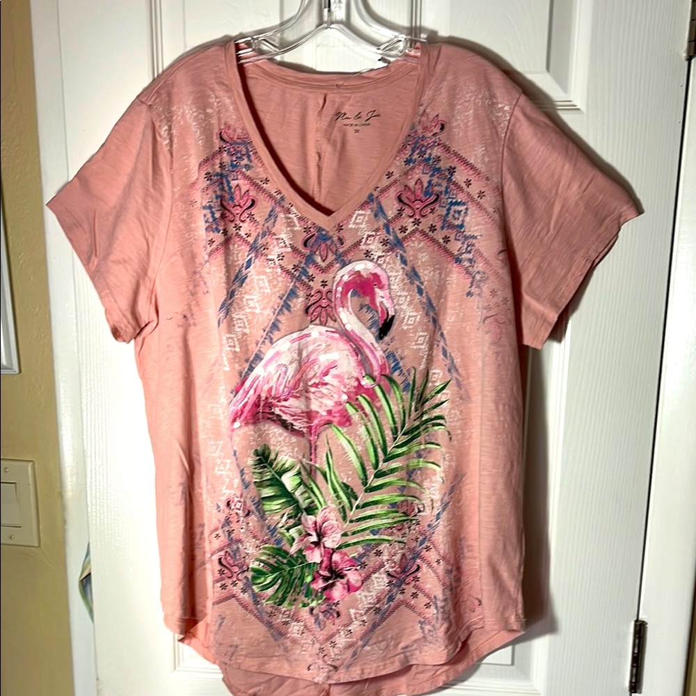 Mic & Jax flamingo sequin floral tropical v neck Tshirt pink short sleeve 3X